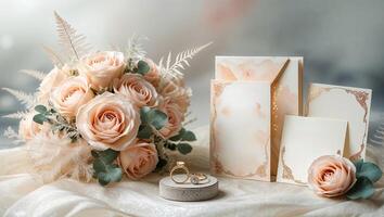 Elegant wedding bouquet and invitations displayed with a ring on a soft background photo