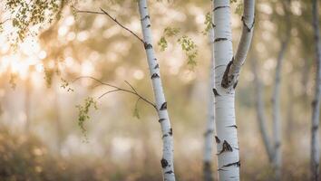 Beautiful birch trees capture sunlight during a calm morning in a serene forest setting photo