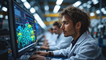 Young scientist analyzes complex data on a computer screen in a modern laboratory environment photo