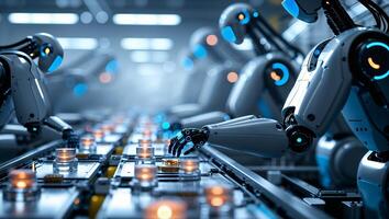 Robotic arms working on an automated assembly line in a futuristic factory photo