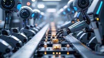 Robots assembling components on a busy production line in a futuristic factory environment during daylight hours photo