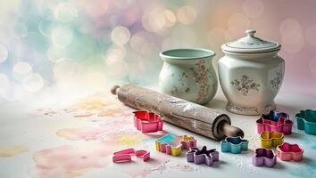 Baking tools and colorful cookie cutters on a kitchen countertop surrounded by bright bokeh lights in the background photo