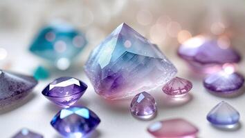 Colorful display of various gemstones arranged beautifully on a soft surface with delicate lighting photo