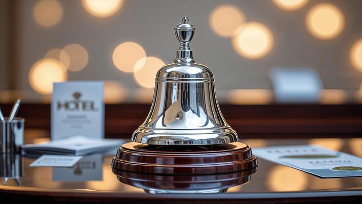 Hotel reception bell placed elegantly on a polished counter amidst soft lighting, inviting guests at the check-in area