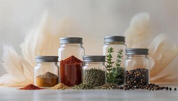 Collection of spices and herbs in glass jars on a light surface with decorative feathers in background photo