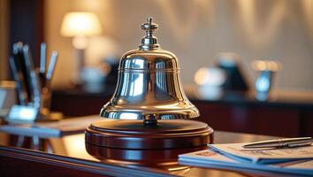 Elegant reception bell on a polished wooden counter in a modern hotel lobby during daytime photo