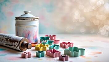 Baking tools and colorful cookie cutters arranged on a vibrant surface with a vintage storage container in a warm kitchen setting photo