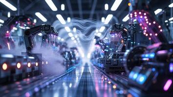Advanced robotics in a high-tech manufacturing facility during night shift photo
