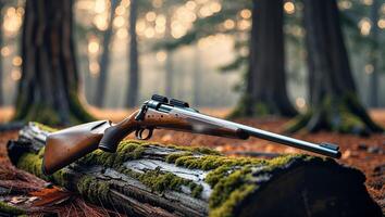Rustic hunting rifle resting on a moss-covered log in a tranquil forest setting during early morning hours photo