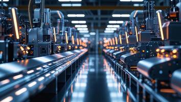 Industrial automation on a factory floor with advanced robotic systems working in harmony photo