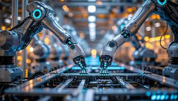 Automation in modern manufacturing with robotic arms operating on an assembly line photo