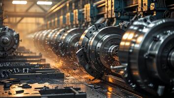 Industrial machinery operates in a factory, showcasing precision, sparks, and efficiency during the production process in an advanced facility photo