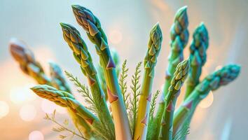 Fresh asparagus spears arranged beautifully against a soft, colorful background in a kitchen setting photo