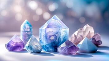 Colorful crystals arranged aesthetically with soft lighting creating a magical atmosphere in a serene setting photo