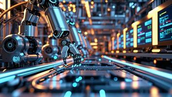Advanced robotic arm working in a high-tech manufacturing facility with illuminated screens photo
