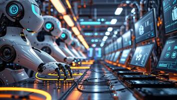 High-tech robots working in a futuristic factory setting during daytime with illuminated monitors and machinery photo