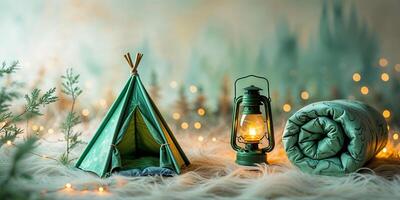 Miniature camping setup with green tent, lantern, and sleeping bag in a cozy environment photo