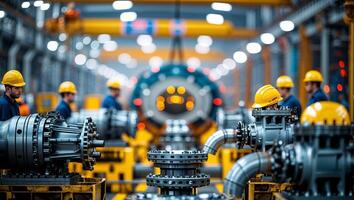 Engineers collaborate in a manufacturing facility to assemble machinery components during daytime operations photo