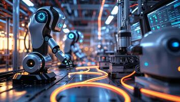 Advanced robotic arms working on an assembly line in a modern production facility during late afternoon hours photo