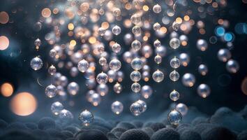 Bubbles and sparkling lights create a mesmerizing display in a dark environment, showcasing a whimsical interaction of elements photo