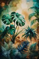 Lush tropical foliage displayed in vibrant watercolor art capturing a serene botanical scene photo