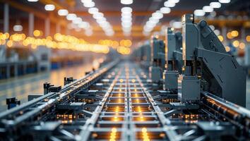 Advanced automation technology on a manufacturing assembly line during evening operations photo