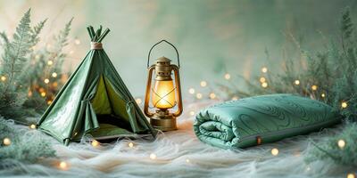 Cozy camping setup with a green tent and lantern surrounded by soft fabric and fairy lights photo