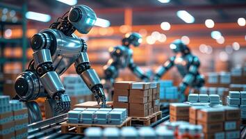 Robots assembling packages in a modern warehouse during a busy daytime operation photo