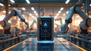 Advanced robotic automation system operates in a high-tech manufacturing facility during daytime photo