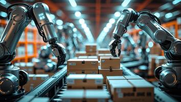 Automation machines operate in a warehouse, organizing boxes efficiently during peak hours photo