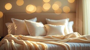 Cozy bedroom with softly lit ambiance and plush bedding inviting relaxation in a tranquil setting photo