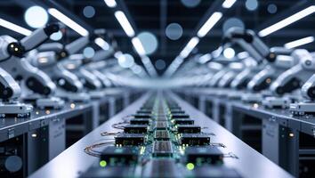 Robotics and automation at work in a high-tech assembly line for manufacturing electronic components photo