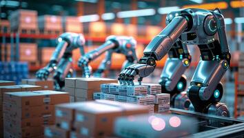Advanced robotic arms efficiently reorganize packages in a modern warehouse setting photo