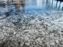 Frozen lake with intricate ice patterns and reflections under winter sunlight photo