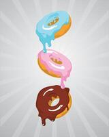 Three donuts with different colors and glaze on top vector