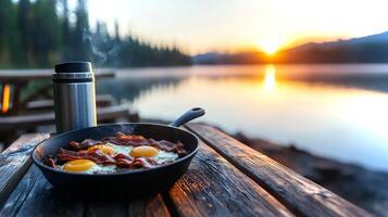 Enjoying a delicious breakfast of bacon and eggs, cooked over an open flame at a tranquil lakeside campsite as the sun rises in the background. photo
