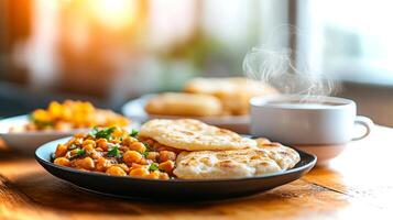 A vibrant Pakistani kitchen features a plate of spicy chickpeas paired with warm roti. A cup of steaming chai completes the appetizing setup. photo