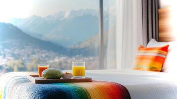 A breakfast tray with boln de verde and refreshing juices is set beside a cozy bed in a hotel room, showcasing stunning mountain views through large windows. photo