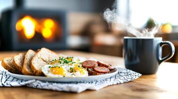 A wooden table is adorned with freshly prepared breakfast in a rustic Polish kitchen, where steam rises from a cup and warmth fills the air. photo