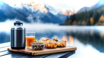 Savor a breakfast picnic by the lake in Queenstown with fresh pastries, granola, and refreshing juice, all amidst stunning mountain views. photo
