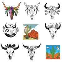 Collection of Artistic Longhorn Skull Design for Desert and Rustic Design vector