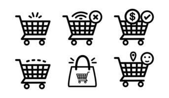 Shopping cart icons illustrating online shopping features and user interactions with digital carts vector