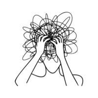 Chaotic expression of anxiety and overwhelm illustrated through abstract lines and human silhouette on white background vector