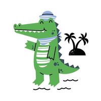 A cartoon crocodile with a hat and a palm tree vector