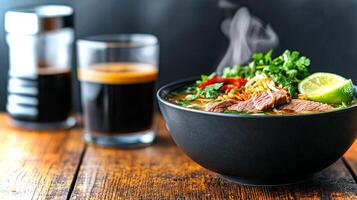 A cozy Vietnamese kitchen features a steaming bowl of beef noodle soup garnished with fresh herbs, lime, and peppers, creating an inviting culinary atmosphere. photo