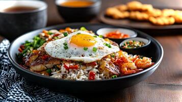 A colorful dish showcases grilled shrimp, rice topped with an egg, and side condiments, highlighting the essence of Indonesian cuisine in a warm kitchen setting. photo