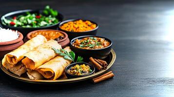 A brass plate displays an assortment of traditional Indian dishes, including dosa, chutney, curry, and fresh salad, creating an inviting culinary experience. photo