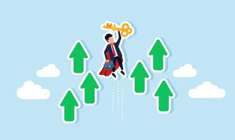 Super businessman carries a key breaking through the sky with several arrow signs, illustration of outstanding and solution-oriented business problem-solving skills vector