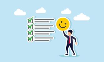 A businessman stands next to a checklist holding a happy emoticon, illustration of a reward as a positive impression for completing a business task vector