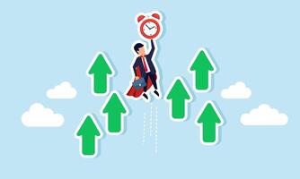 Super businessman carries an alarm clock breaking through the sky with several arrow signs, illustration of the ability to manage work time effectively and efficiently vector